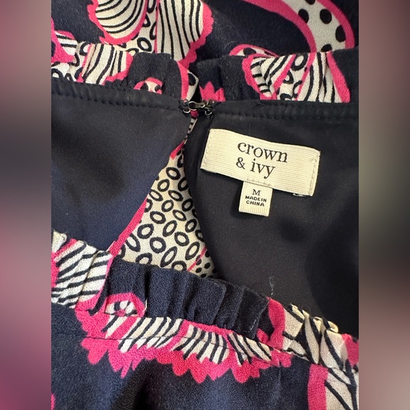 CROWN & IVY Ruffle Neck Cold Shoulder Dress Navy Blue Pink White Floral Paisley - Picture 12 of 13